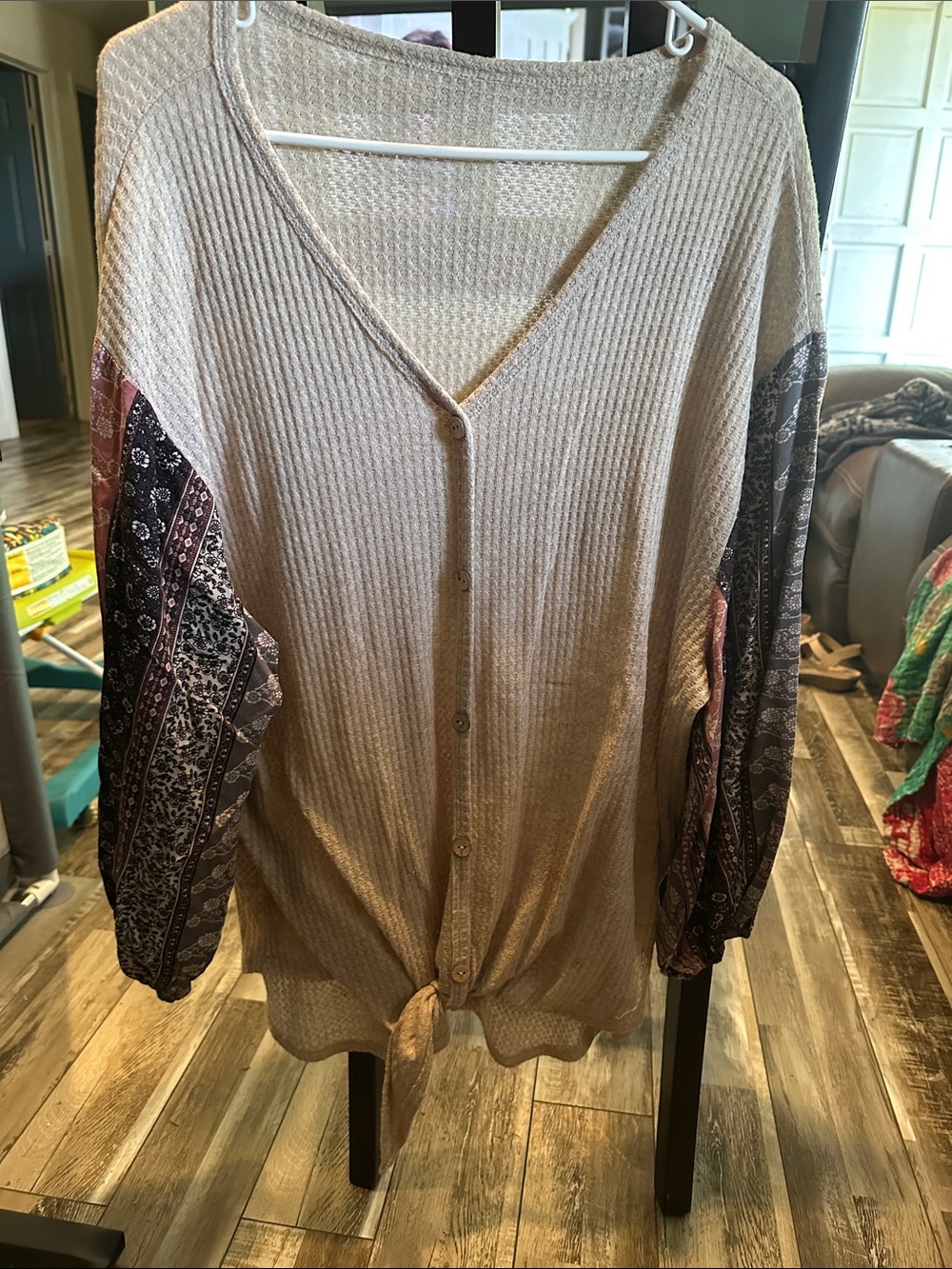 Waffle-Knit Tie-Front Tunic with Patterned Sleeve Panels - Beige